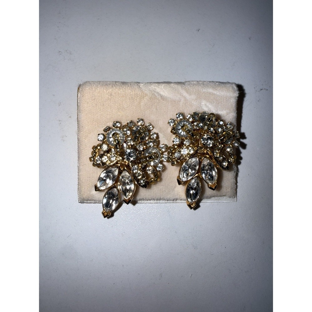 Vintage Largeโ Rhinestone Cluster Clip-On Earrings Gold Tone